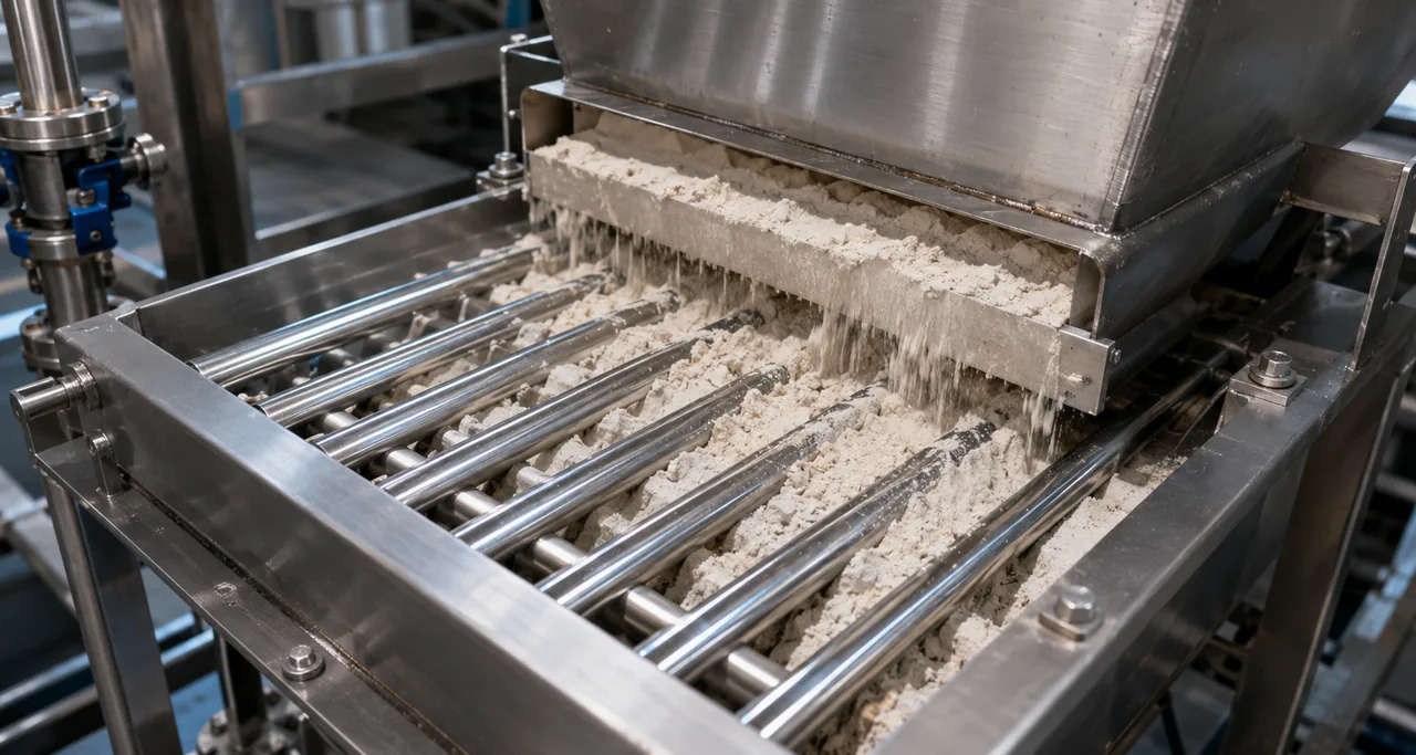 Stainless magnetic grate tubes below a powder hopper