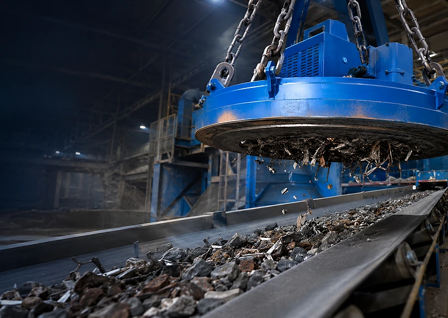 Suspended magnetic separator removing tramp iron from a conveyor line