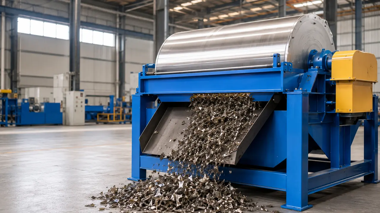Magnetic drum separator operating in an industrial bulk material line