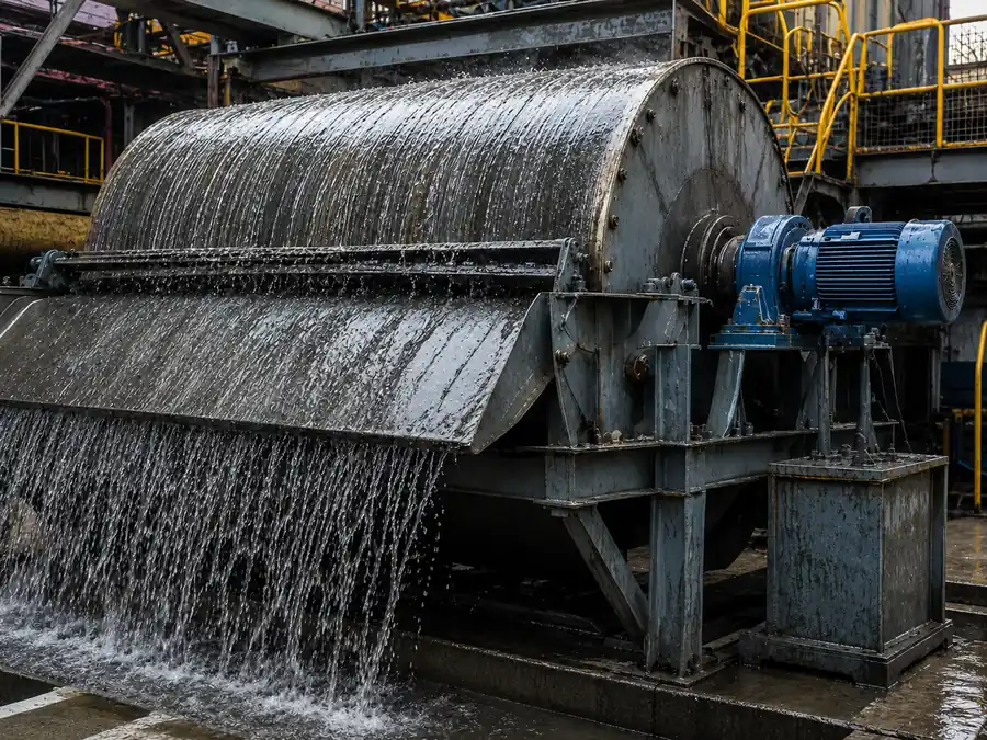 Wet magnetic drum handling slurry in an industrial process line