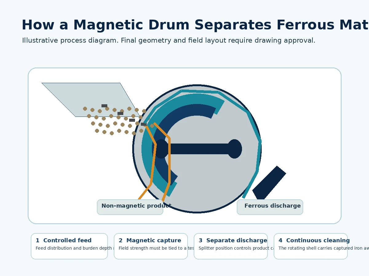 Diagram showing feed, magnetic capture, non-magnetic discharge and ferrous discharge around a magnetic drum