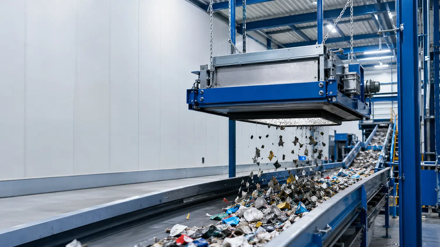 Suspended magnetic separator working above a conveyor with crushed material