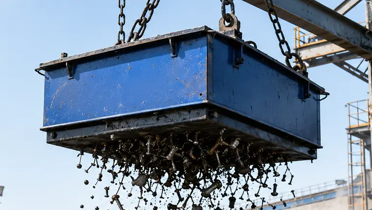 Manual cleaning suspended magnet over conveyor