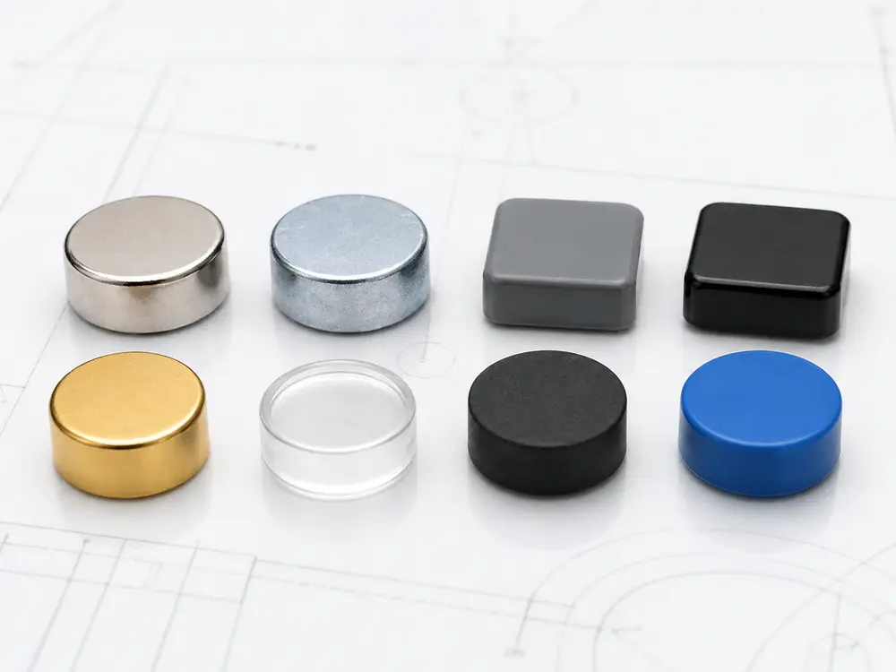Neodymium magnet coating samples including nickel zinc epoxy black epoxy gold parylene and rubber cover