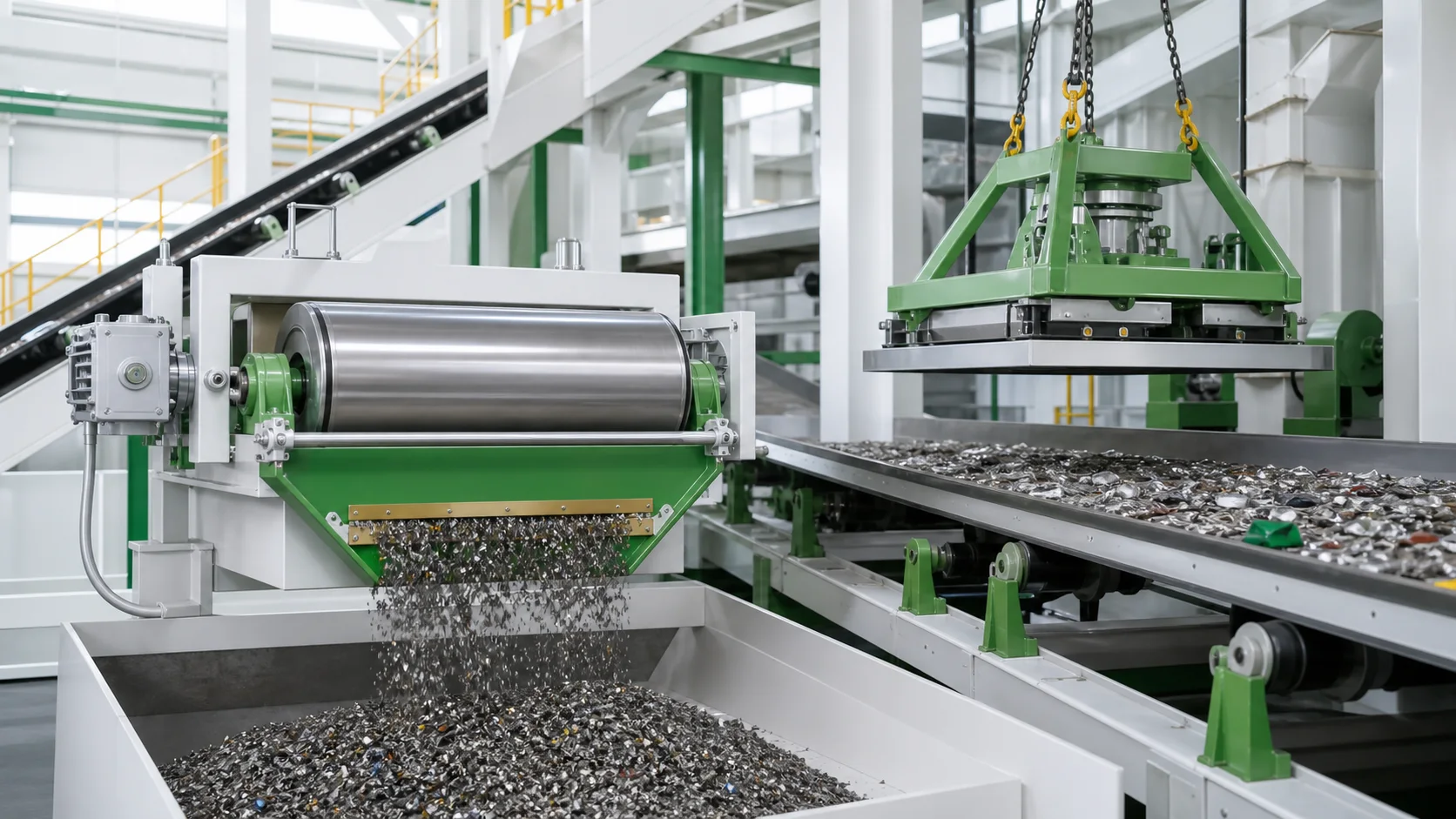 Magnetic drum and suspended magnet used in the same material handling line