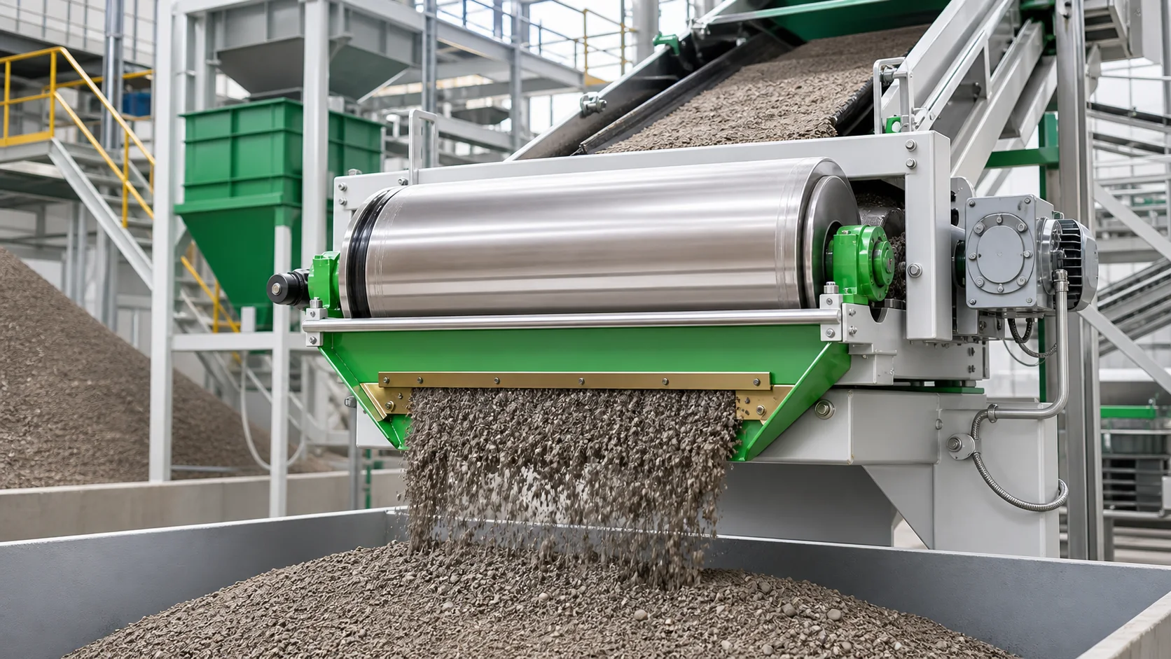 Mining magnetic separation line handling dry minerals with a magnetic drum separator