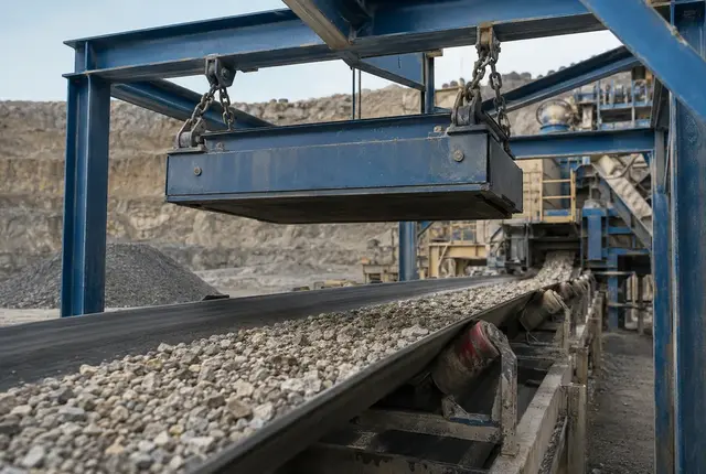 Suspended magnet protecting crusher feed from tramp iron